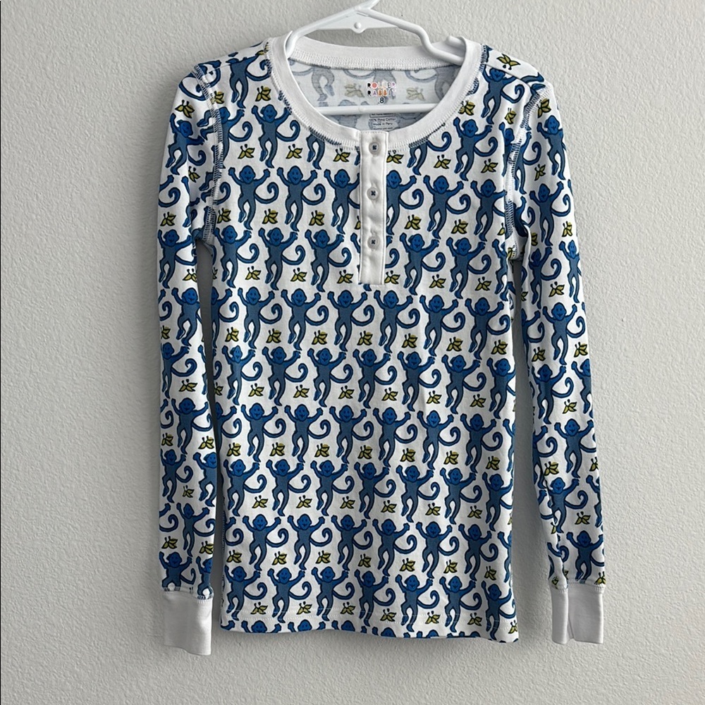 Roller Rabbit Kids White Blue Monkey Print Henley Pajama Top